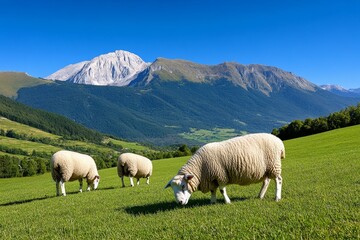 Fototapeta premium Sheep grazing on a sloping pasture, with mountains in the background, representing rural land use for livestock farming