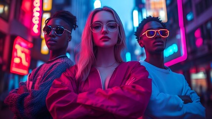 Young people posing confidently against neon-lit retro cityscapes, glowing lights in vibrant hues, arms crossed, energetic atmosphere with a blend of modern and vintage aesthetics --ar 16:9
