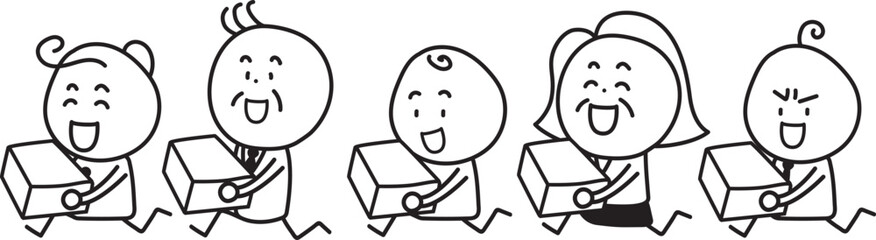 荷物を持って走る笑顔の人たち