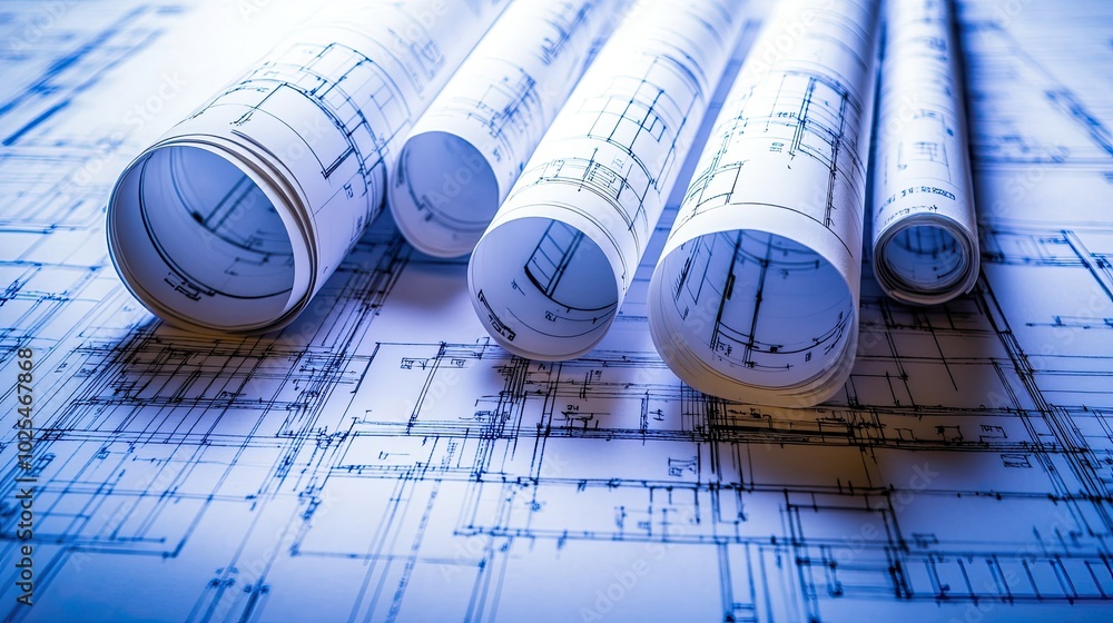 Poster blueprint rolls on drafting table for construction project
