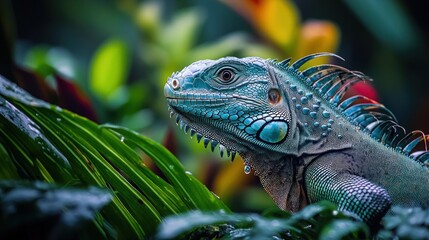 Obraz premium A vibrant blue iguana with green leaves and yellow flowers in the background.
