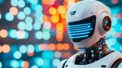 Futuristic robot design with glowing features against a vibrant, colorful background, representing advanced technology and innovation.