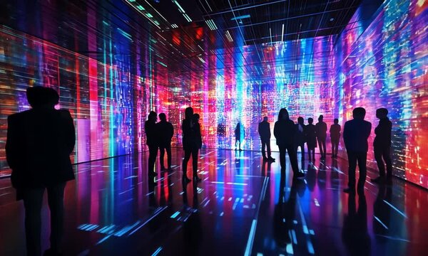 Silhouettes of People in a Room with Colorful Digital Art Projections