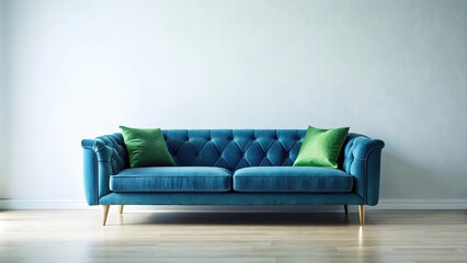 Minimalist blue velvet couch with green cushion