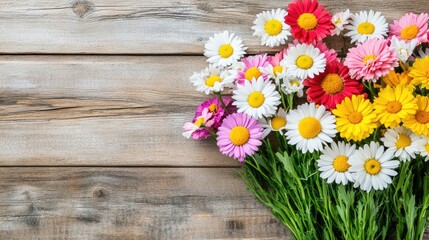 Fototapeta premium Bright Floral Arrangement on Rustic Wooden Background