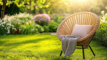 Fototapeta premium Cozy Garden Chair Surrounded by Blooming Flowers