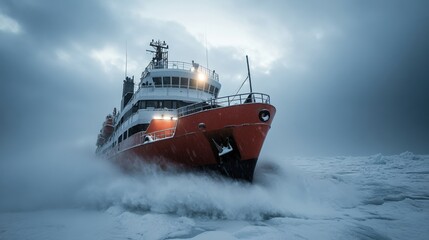 A red icebreaker ship navigating through stormy seas.