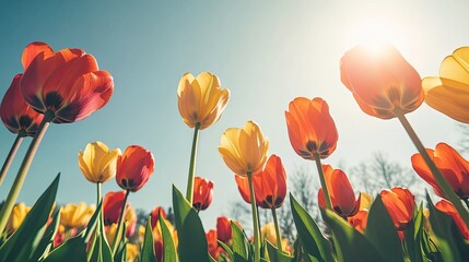 Obraz premium Vibrant Tulip Field Under Sunny Sky