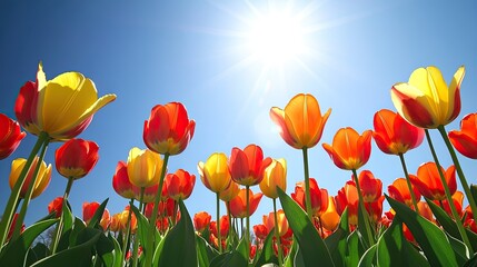 Obraz premium Vibrant Tulip Field Under Bright Sunlight