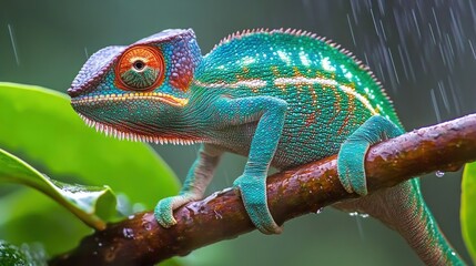 Obraz premium A vibrant green chameleon with orange eyes perched on a branch in the rain.