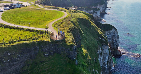 Aerial view of the Magheracross Car Park & Viewpoint at Dunluce Castle on the coastline of Co Antrim on the Atlantic Ocean Northern Ireland