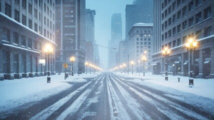A snowy street in the city with tall buildings on either side. The street is illuminated by streetlights, and there is snow falling. - Powered by Adobe