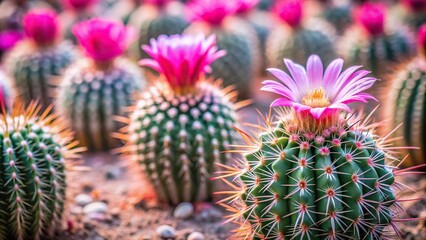 Minimalist cactus plants with pink blooms in the desert pink and green flora