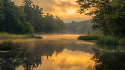 The golden hour light reflecting off the surface of a tranquil river as a hazy sunset fades into the humid air, creating a serene and peaceful scene. 