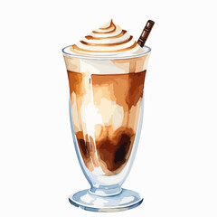 Watercolor illustration of latte macchiato with caramel in a glass drawing by hand isolated on white background. Vector illustration for banner, background, logo, ads, promotion, marketing and over
