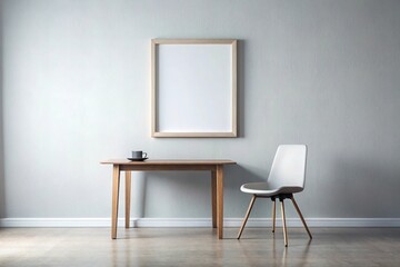 Minimalist chair and table with blank frame on wall, symmetrical