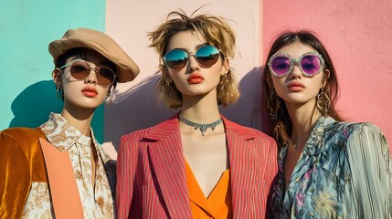 Youthful individuals posing in front of pastel-colored vintage walls, subtle retro patterns and modern styling, relaxed expressions and bright lighting add a fresh, contemporary feel --ar 16:9