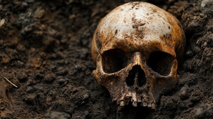 2410_086.partially unearthed human skull, embedded in dark soil, weathered bone texture, archaeological discovery scene, muted earthy tones, high-detail macro photography