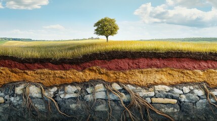 2410_016.cross-section of soil layers, vibrant grass on top, exposed root system, rural landscape backdrop, agricultural education imagery