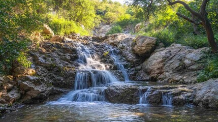 Fototapeta premium Tranquil Waterfall Surrounded by Lush Greenery