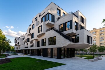 Simple residential block with uniform designs, emphasizing function over ornamentation, representing modern minimalist living