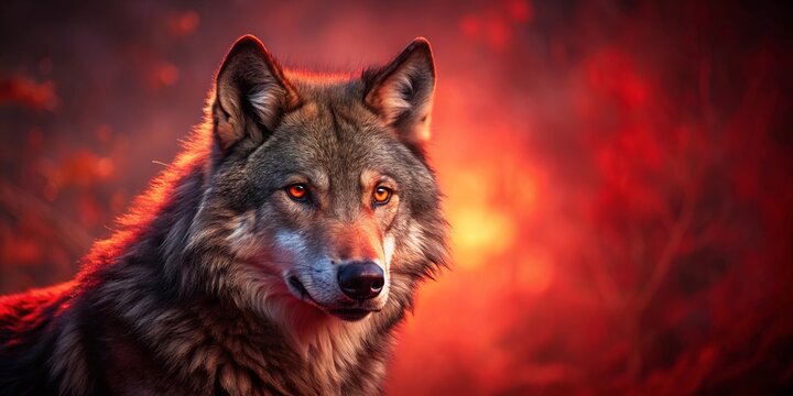 A wolf with fiery eyes gazes intently into the depths of an amber and crimson sunset, its fur glowing with the warmth of the fading light.