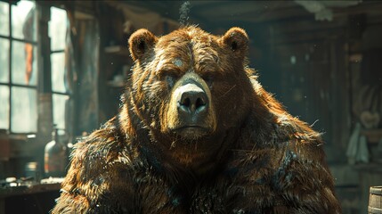 Intense Gaze of a Majestic Brown Bear in a Rustic Cabin