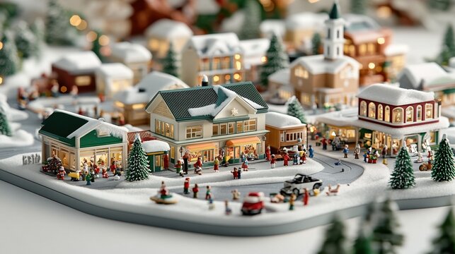 Charming miniature Christmas village with snow, houses, and festive decorations.