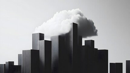 A surreal cityscape featuring dark skyscrapers and a cloud overhead.