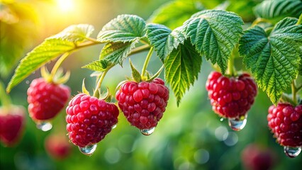 A cluster of dew-kissed raspberries hang delicately from a verdant vine, bathed in the warm glow of the morning sun.