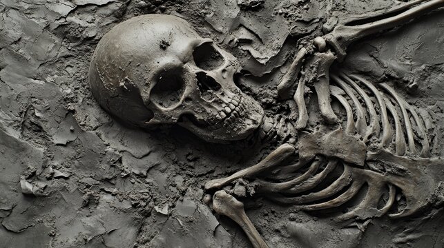 2410_089.time-worn human remains surfacing from gray sediment, intricate bone patterns, fine soil particles adhering to skull, documentary-style composition, subtle lighting accentuating form