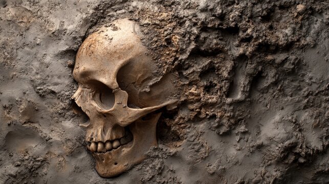 2410_089.time-worn human remains surfacing from gray sediment, intricate bone patterns, fine soil particles adhering to skull, documentary-style composition, subtle lighting accentuating form