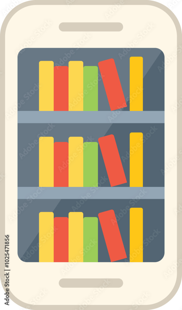 Poster smartphone displaying a bookshelf filled with colorful books, representing the concept of an e libra