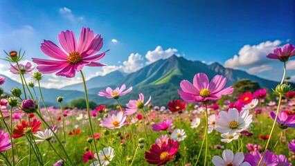 Fototapeta premium Minimalist colorful cosmos flowers blooming in garden with blue summer sky and mountainous backdrop