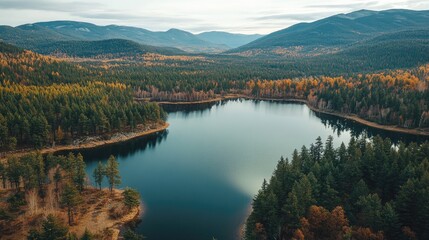 Fototapeta premium Serene Aerial View of Autumn Landscape and Lake