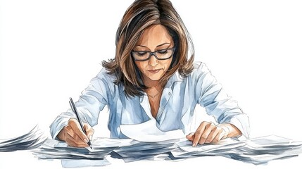Fototapeta na wymiar Businesswoman Working on Documents Watercolor Illustration