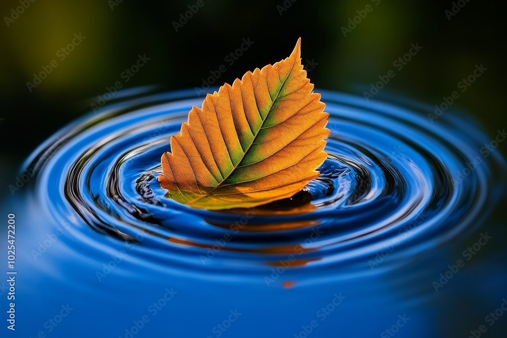 Poster single leaf floating in a still pond, with minimal ripples, emphasizing the simplicity and calm of n