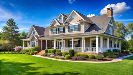 Fototapeta premium A two-story suburban home with a covered porch, manicured landscaping, and a lush green lawn under a blue sky with fluffy clouds.