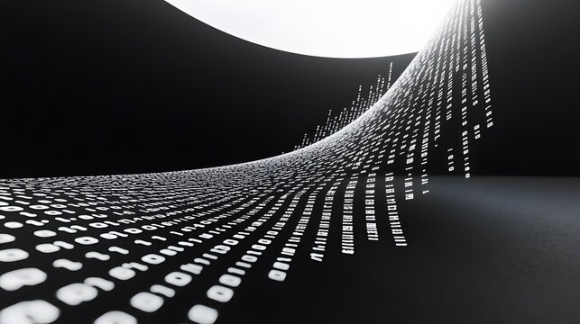 Abstract representation of binary code flowing through a digital landscape.