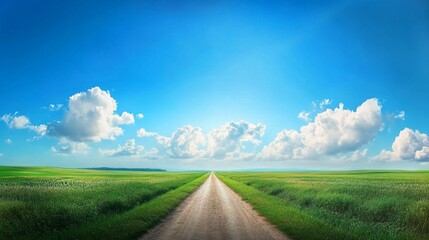 2410_062.minimalist composition of country lane, lush agricultural lands, symmetrical field divisions, infinite blue sky, subtle cloud patterns, pastoral serenity, high-resolution panoramic capture