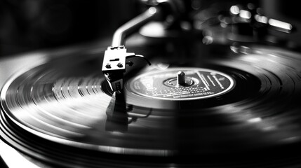 Vinyl Record Player Close-Up: A Black and White Image