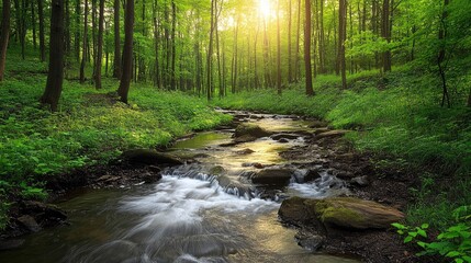 Tranquil Forest Stream at Sunrise
