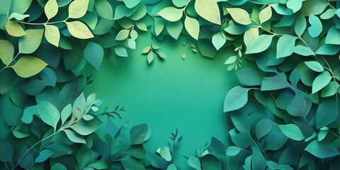 Lush green backdrop featuring plant foliage Natural setting with spring leaves on branches in a woodland or garden Vibrant botanical scene showcasing organic textures