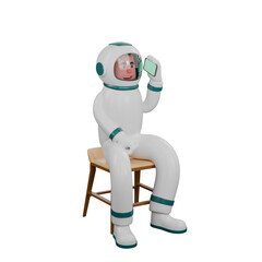 Male Astronaut Character. A male astronaut sits on a chair holding a cellphone in his left hand. 3D Interstellar Explorer