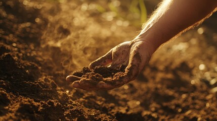 2410_005.outstretched arm offering soil sample, environmental portrait style, diffused sunlight, agricultural landscape, biodiversity concept, high-resolution soil details, earthy color scheme