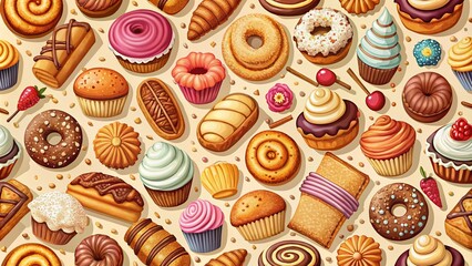A Delightful Symphony of Sweetness A Seamless Pattern of Cupcakes, Pastries, Donuts, and Other Treats, Arranged in a Festive and Inviting Display