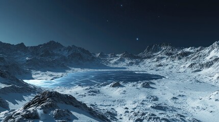 A frozen lake surrounded by snow-capped mountains under a starry night sky.