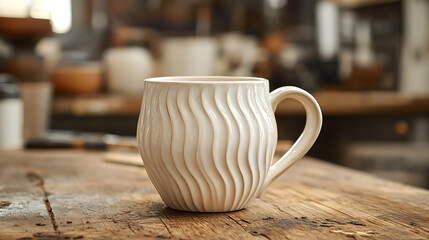 Fototapeta premium A white ceramic mug with a wavy design sits on a rustic wooden table.