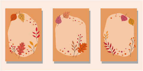 Set of Autumnal frames. Colorful leaves and berries decoration leaflet collection. Autumn template for thanks giving day and fall design. Vector illustration.