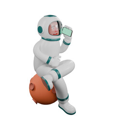 Naklejka premium Professional Astronaut 3D Cartoon. A male astronaut sits on a replica of the moon holding a cellphone in his left hand and his right hand is in front of his stomach. Male Rocket Pilot
